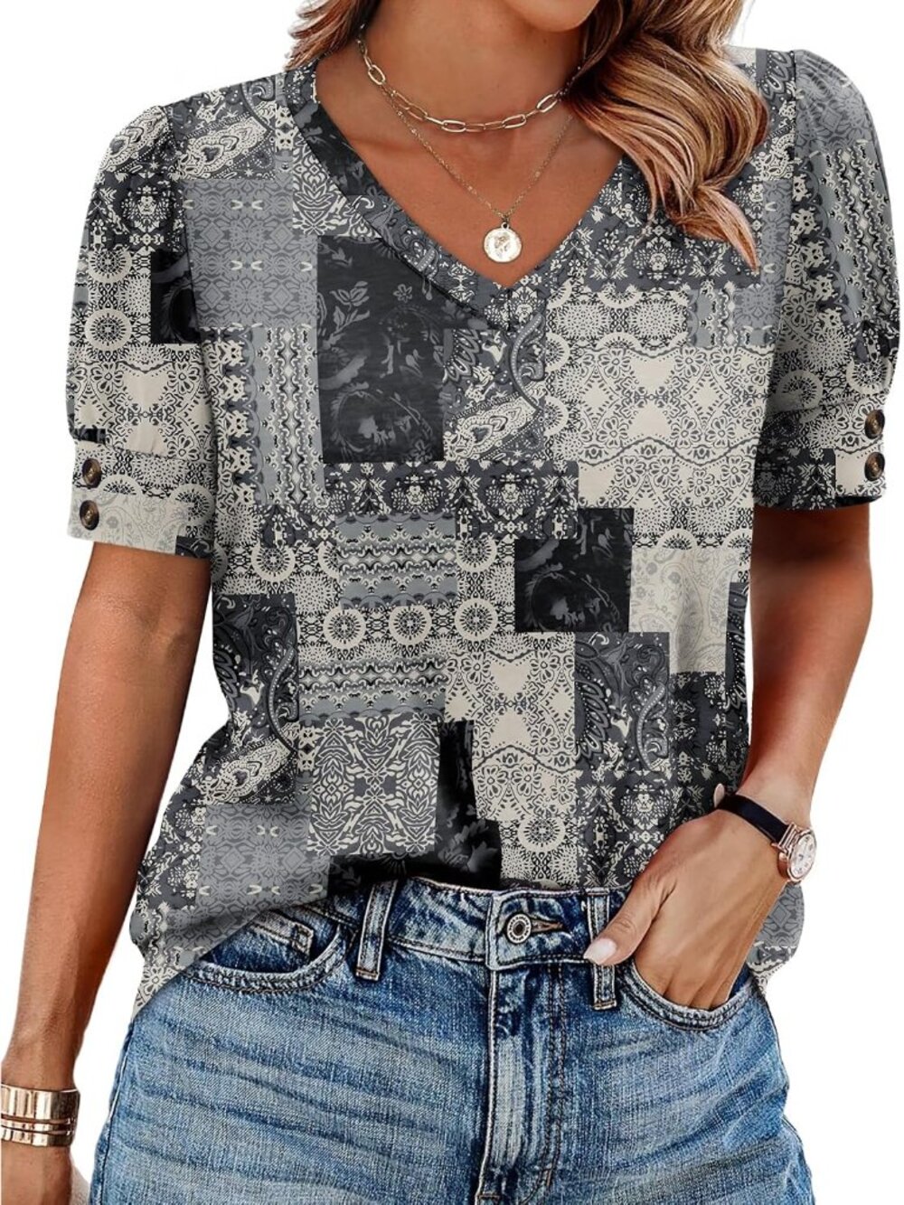 Womens Tops Short Sleeve Shirts Buttons V Neck Spring Fashion Summer Outfits Plu